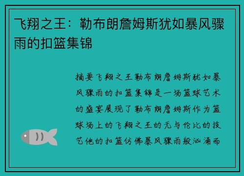 飞翔之王：勒布朗詹姆斯犹如暴风骤雨的扣篮集锦