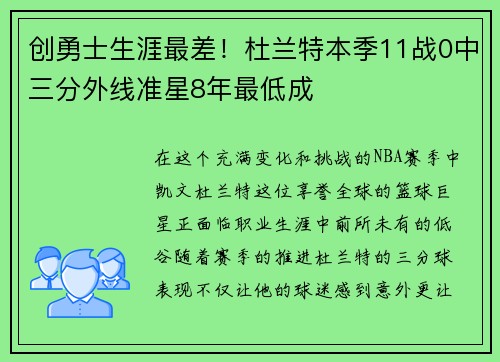 创勇士生涯最差！杜兰特本季11战0中三分外线准星8年最低成