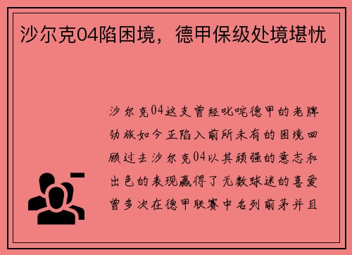 沙尔克04陷困境，德甲保级处境堪忧